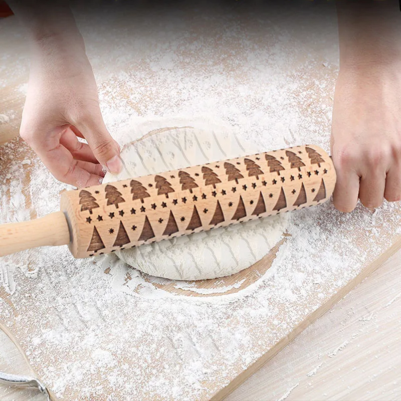 

Beech Wood Rolling Pin Embossing Baking Cookies Noodle Cake Dough Xmas Tree Roller LXY9 OC09