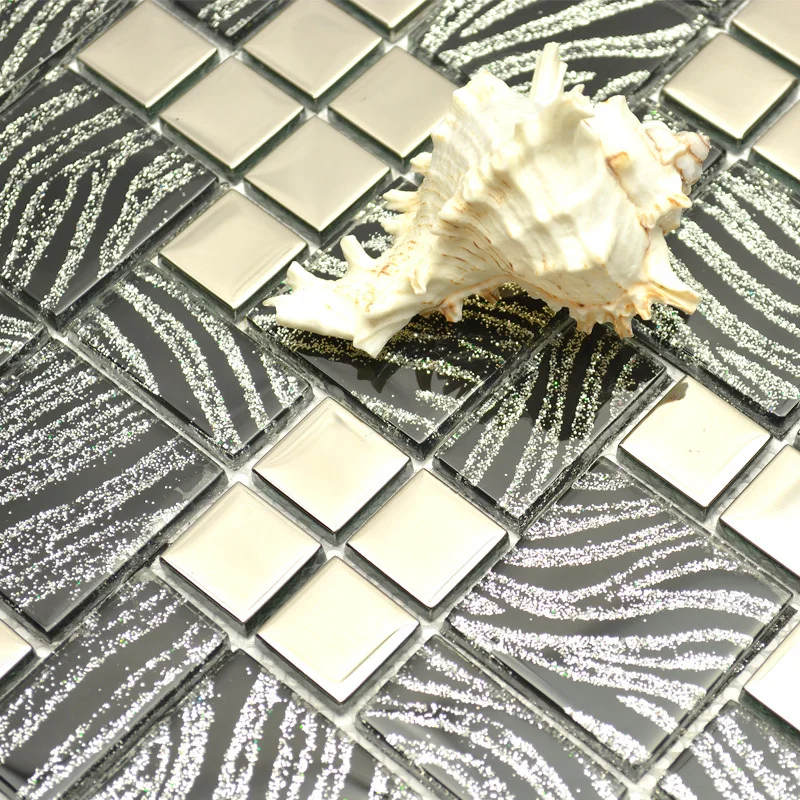 

small and big square glass mixed metal mosaic gray color stainless steel mosaic tiles for wall tiles tv background kitchen tiles