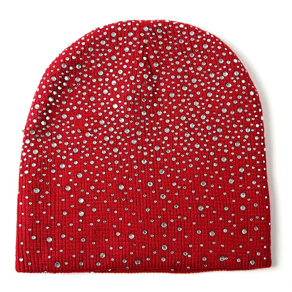 

Winter Unisex Europe And America Male And Female Hot Sale Half Faced Rhinestone Pearl Shining Warm Solid Color Knit Hat