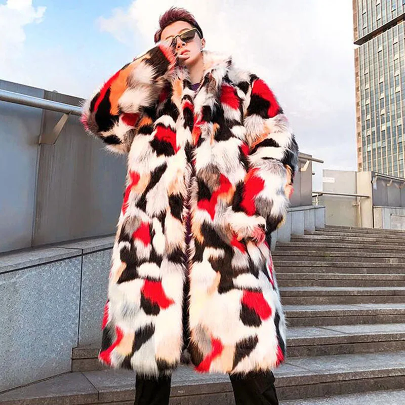 AELFRIC Fur Jacket Men Tie Dye Patchwork Winter Streetwear Long Style Jackets Hip Hop Outwear Harajuku Thick Warm Overcoat KJ168