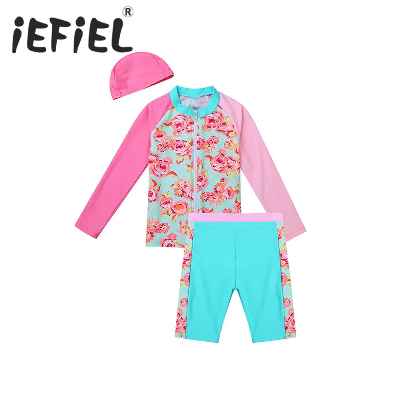 

Cute Kids Girls Tankini Flower Printed Swimsuit Tops with Shorts Swimming Cap Set Swimwear Bathing Suit Rash Guard Summer Sets