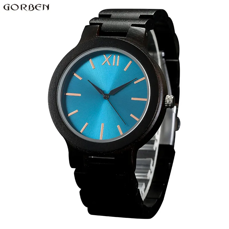 

New Arrival Mens Watches for Wooden Watch Luxury Royal Blue Dial Black Bracelet Wood Band Quartz Men's Wristwatches Clock Gifts
