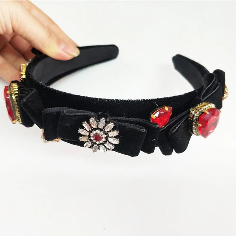 Gorgeous Red Flower flannel Headband bow Crown Tiara Princess Gold Color Hairband Hair Jewelry Bridal Wedding Party Women Headpiece New