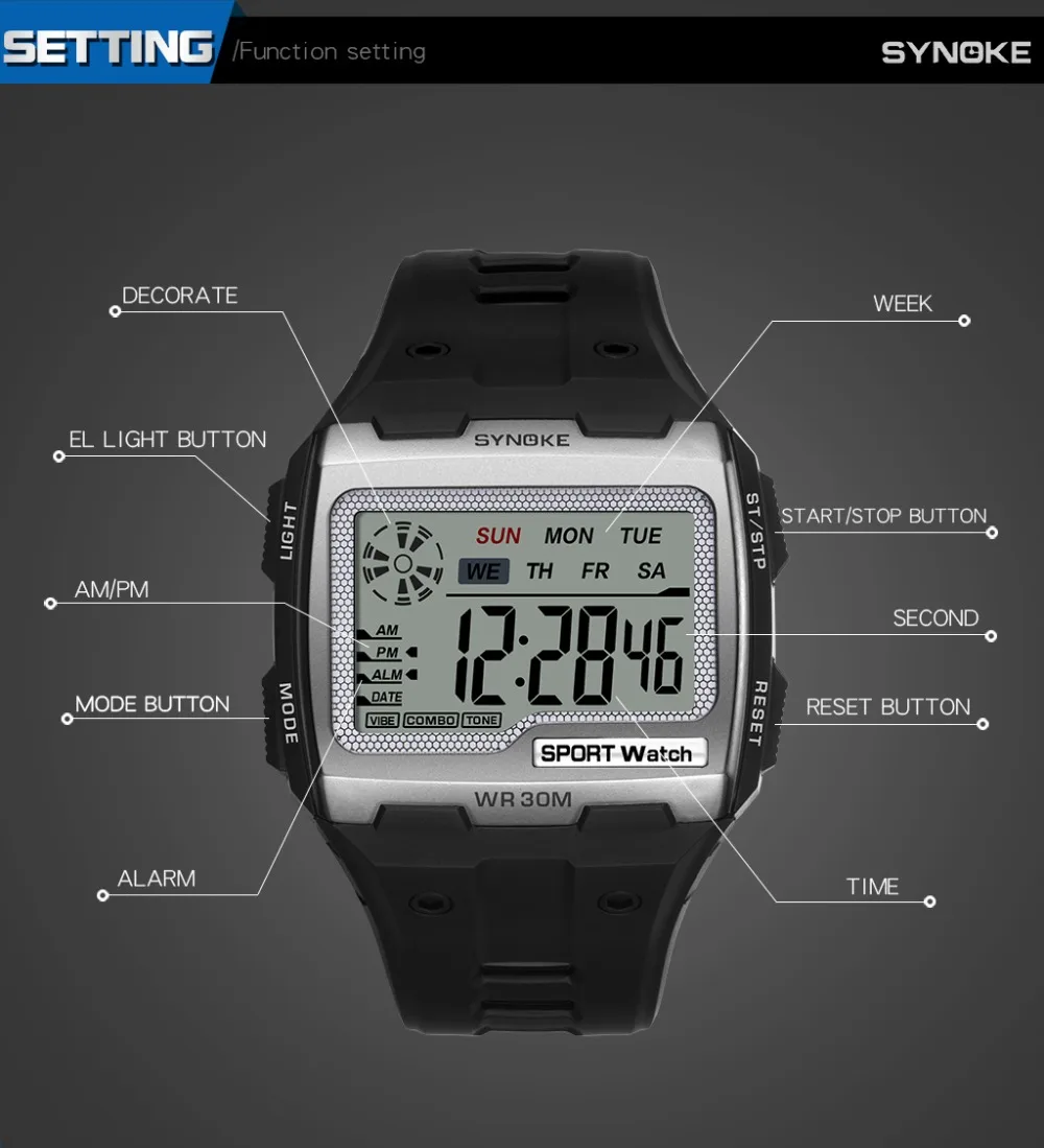 SYNOKE Модные мужские квадратные цифровые часы светящиеся спортивные водонепроницаемые мужские часы светодиодный дисплей многофункциональные наручные часы