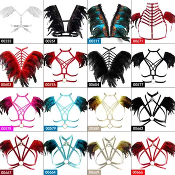 

Feathers Harness for Women Strappy Elastic Bra Hollow Out Tops Epaulette Shoulder Wing Punk Goth Rave Festival Sexy Lingerie