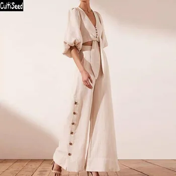 

Cultiseed Women Spring Autumn Sets Clothing Female V neck Lantern Sleeve Top+Wide Leg Pant 2pc Set Suit Ladies Party Set Clothes