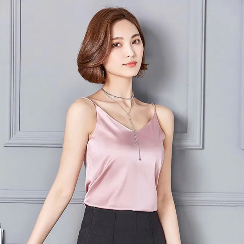 

Women Silk Top Summer Imitation Silk V Neck Camis Tank Tops High Quality Clothes for Lady Sleeveless Femme Casual Vest Solid