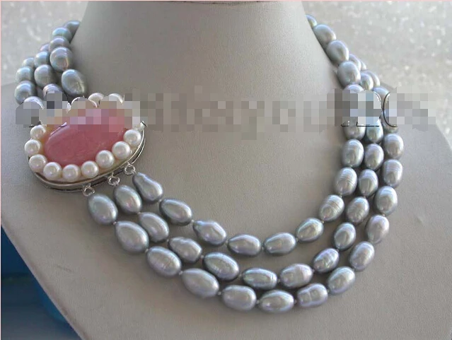 

Free shipping >>>>>>3rows Genuine Natural 14mm Gray Rice Pearl Necklace #f1591