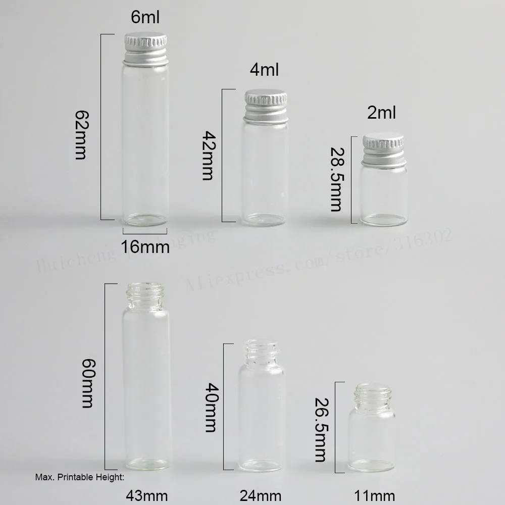 100x2 мл 4 мл 6 мл прозрачный стеклянный контейнер с алюминиевой крышкой маленькая стеклянная бутылка с винтовыми крышками для использования эфирного масла