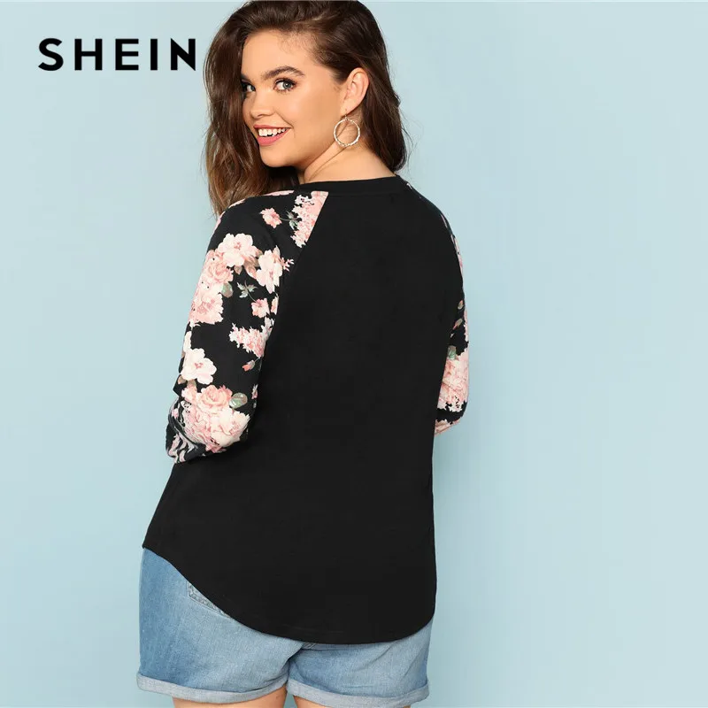 SHEIN الأزهار طباعة راجلان كم عارضة زائد حجم أسود إمرأة أعلى المحملات 2018 الخريف جديد جولة الرقبة كم طويل سترات العمل T قميص SHEIN الأزهار طباعة راجلان كم عارضة زائد حجم أسود إمرأة أعلى المحملات 2018 الخريف جديد جولة الرقبة كم طويل سترات العمل T قميص