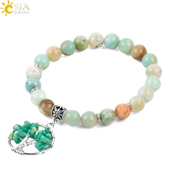 

CSJA 8mm Tree of Life Natural Matte Amazonite Bracelets Yoga Mala Meditation Prayer Chip Beads for Ladies Chakra Jewellery E877