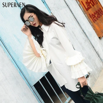 

SuperAen Europe 2018 Spring New Folds Women Fashion Shirts Flare Sleeve Women's Long-sleeved Blouse Casual Wild Cotton Shirts