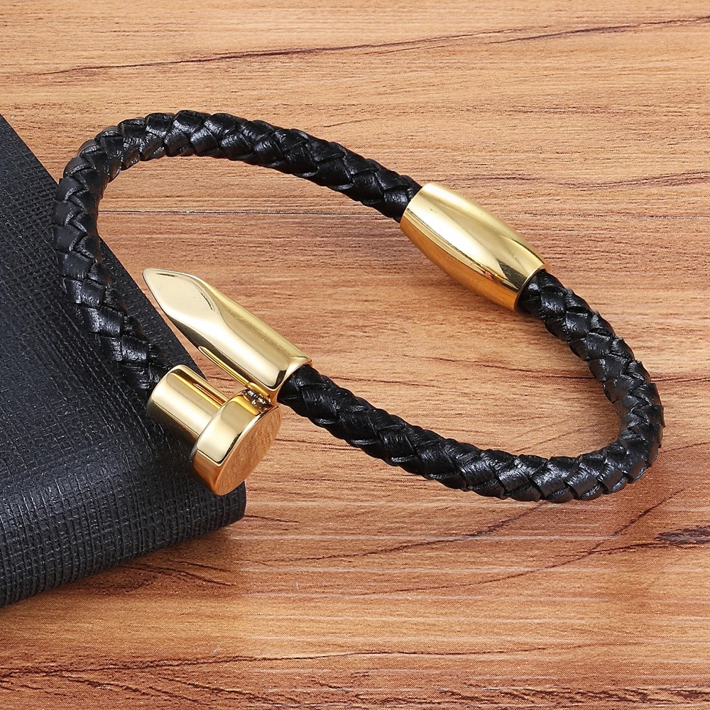 

TYO Personality Stainless Steel Nail Punk Men's Watch Genuine Leather Bangle 19/21CM Braide Cuff Bracelet Female Jewelry