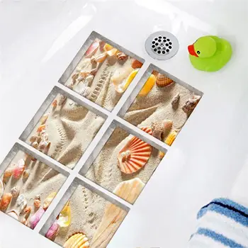 

6Pcs Bath Treads Sticker Beach Pattern Saftey Non-slip Bathroom Mats Shower Treads Shower Sticker for Dining Table Tiles Bathtub