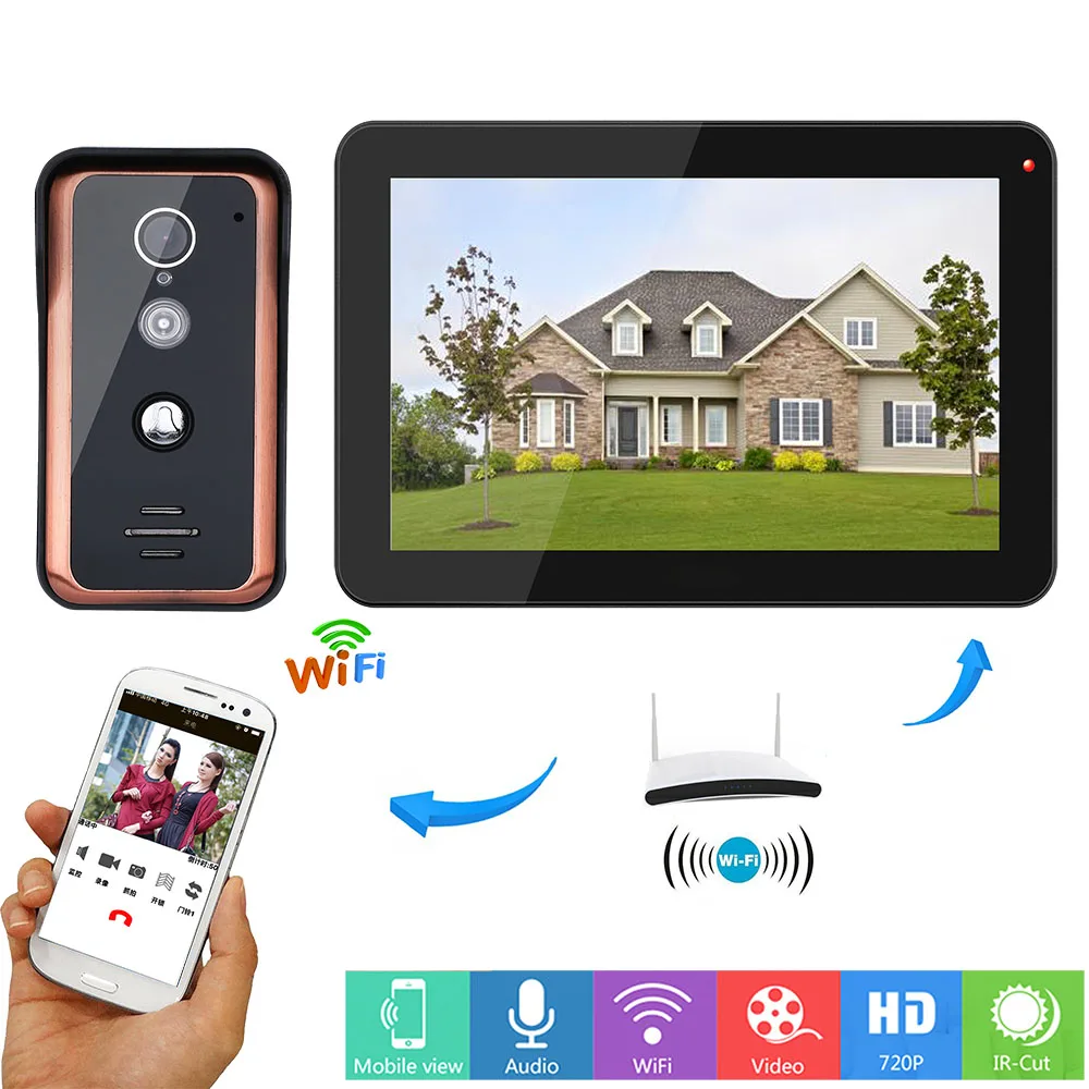 MOUNTAINONE 9inch Wifi IP Wireless Video Doorbell Intercom Entry System with 1000TVL Wired Camera Support APP intercom Record