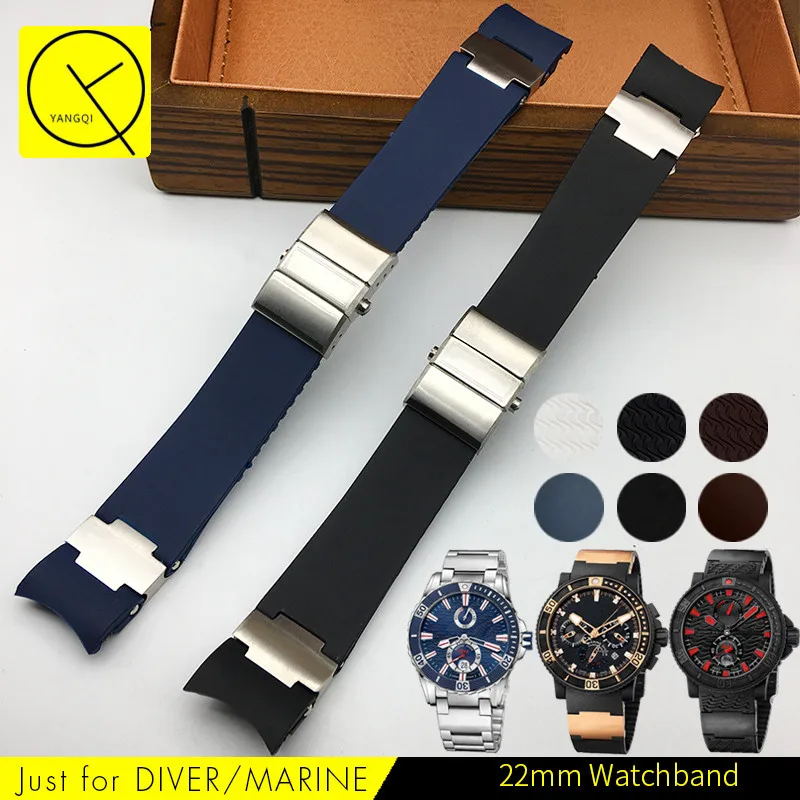 

22mm Soft Silicone Watchband Stainless Steel Buckle Bracelet for Ulysse Nardin Watches DIVER Watchstraps MAN Black Blue+Tools