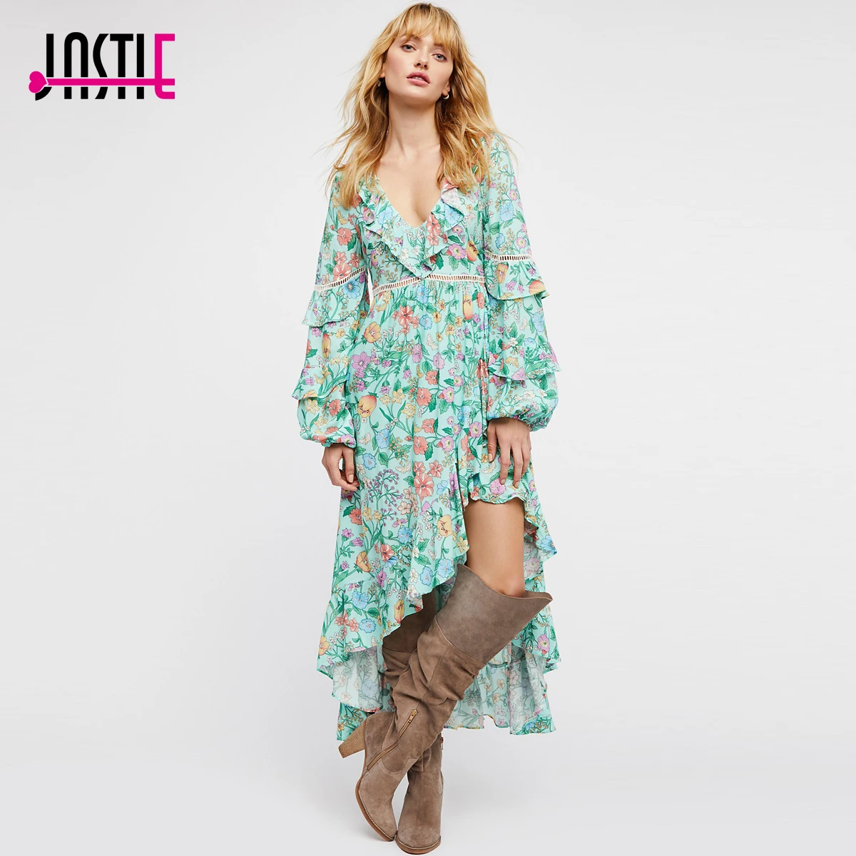 Jastie Imprimé Floral Robe à Volants Robe Mi Longue Découpe