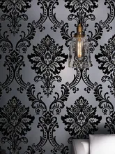 Classic Black Velvet Flocking Damask Wallpaper Textile Wallcovering black and white damask wallpaper rolls velvet flocked textured victorian decor