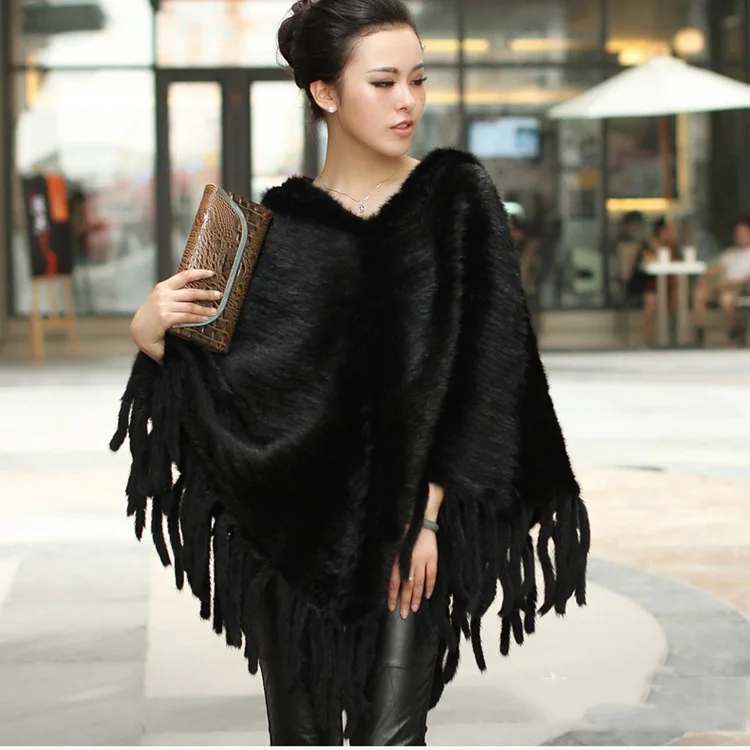 

2018 New women natural knitted mink fur ponchos with tassels genuine mink fur capes big size fashion capes autumn winter scarf