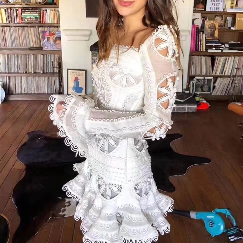 

White Designer Dress Women Flare Sleeve Elegant Party Mini Dresses 2019