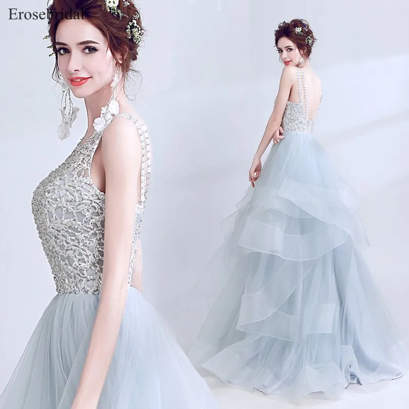 

2018 Autumn New Evening Dress Long A Line Formal Party Gowns Lace Bodice With Beading Sexy Open Back Light Grey Vestido De Festa