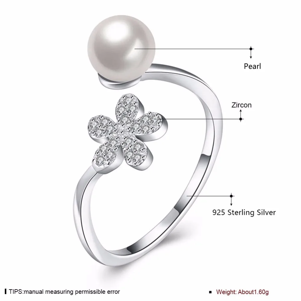 Simulated Pearl Jewelry Guarantee 925 Sterling Silver Ring Cubic Zirconia Adjustable Rings For Women (JewelOra RI102200)
