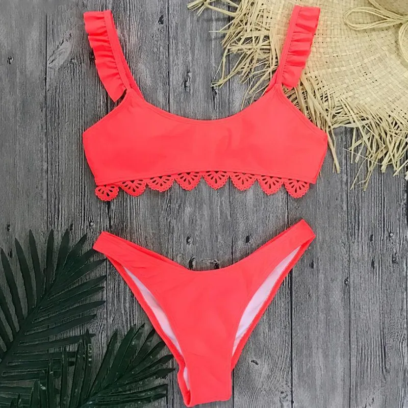 Ladies Lace Simple Simple Color Halter Swimsuit High Waist Thong Strapless Female Bandage Swimsuit Beach Swimming Sexy Bikini