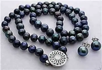 

Natural! 8-9MM Black Akoya Cultured Pearl Necklace +Earring 18"
