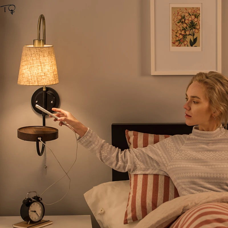 

Nordic Wall Lamp Pull-switch USB Charging Interface Led Creative Bedroom Bedside Lamp Reading European New Chinese Personality