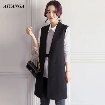 

OL Suit Vest Women 2019 Spring Vest Outerwear Female Medium Long Blazers Open Stitch Slim Office Lady Sleeveless Suit Top Black