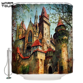 

WARMTOUR Shower Curtain European Retro Style Castle Waterproof Shower Curtain Bathroom Decor