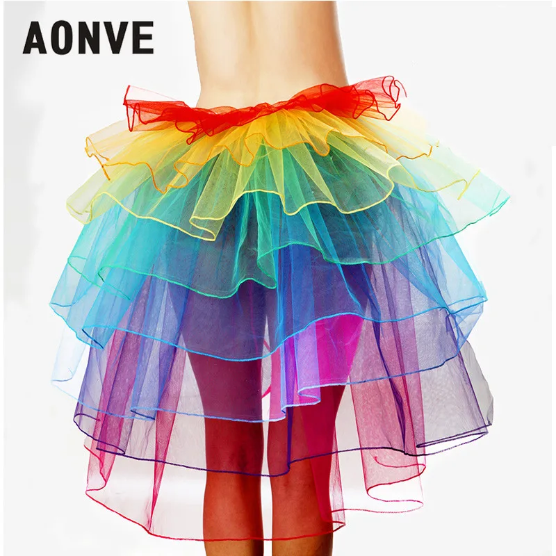 AONVE New Women Colorful Rainbow Tutu Skirt Knee Length Mesh Sexy Dance