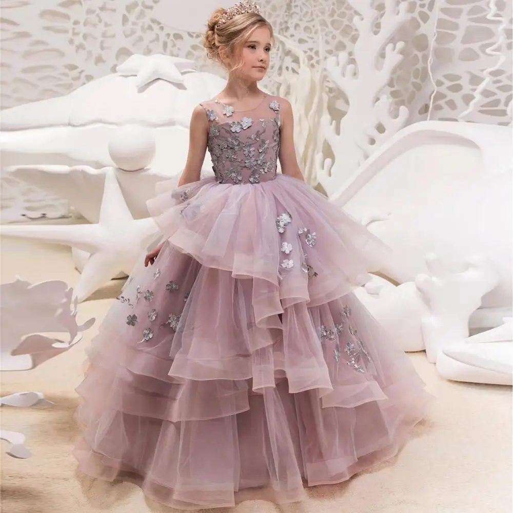 

2019 New Elegant Luxury Girls Lace Prom Dress Tulle O-neck Sleeveless Flowers Ball Gowns for Party Weddings G505