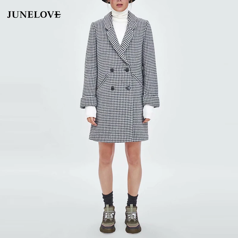 

JuneLove Women Winter Long Plaid Coat Vintage Female Long Sleeve Double Breasted Wool Coat Vintage Casual Loose Lady Outwears