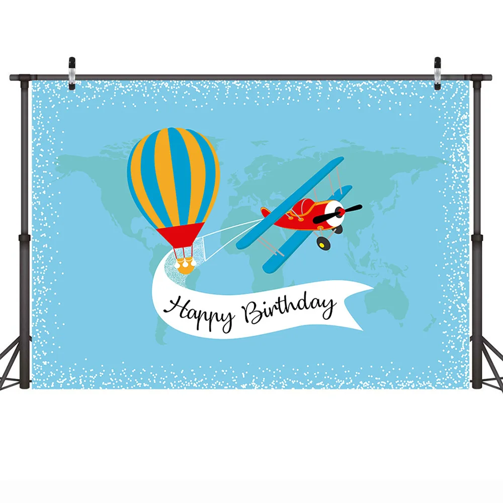 

Blue Theme Photography Backdrop Happy Birthday Party Background Hot air Balloon and Plane Photographic Backdrops for Children