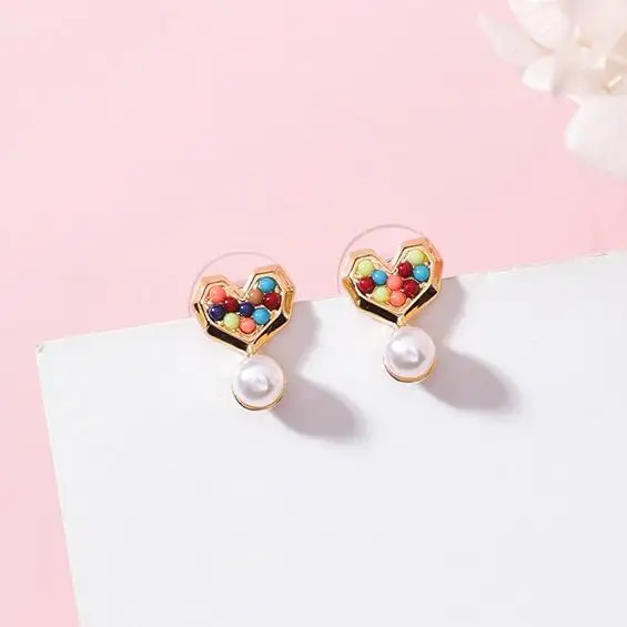 

MENGJIQIAO 2018 Korean New Love Heart Small Drop Earrings For Women Candy Color Simulated Pearl Cute Brincos Fashion Jewelry