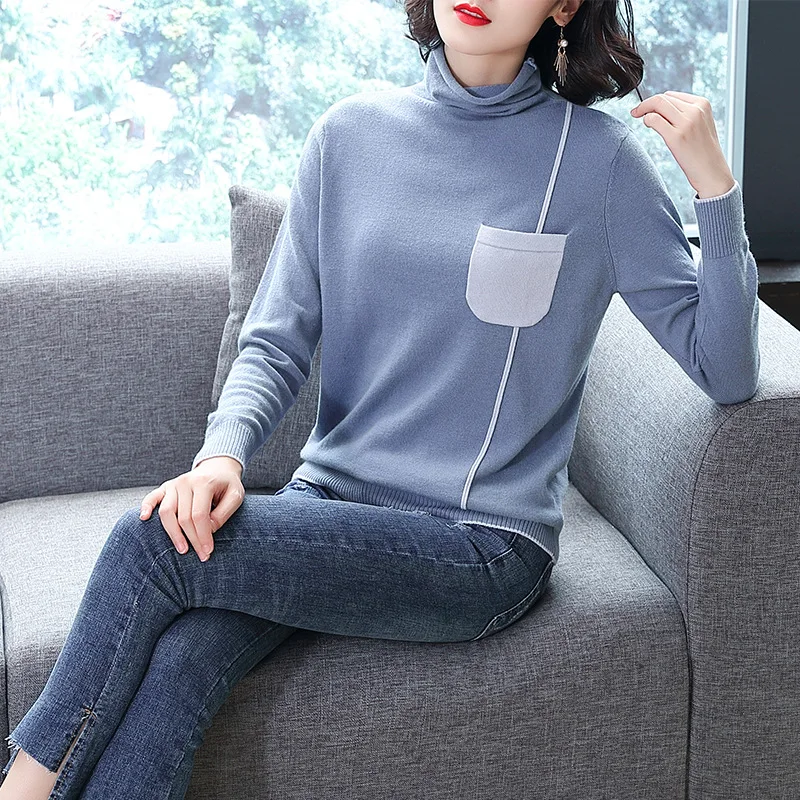 Tricots Longues Poche Femmes Automne Col Laine Haut Pull Nouvelles Mode Blue D'hiver À Casual Chemises grey Manches 3L54RjAq