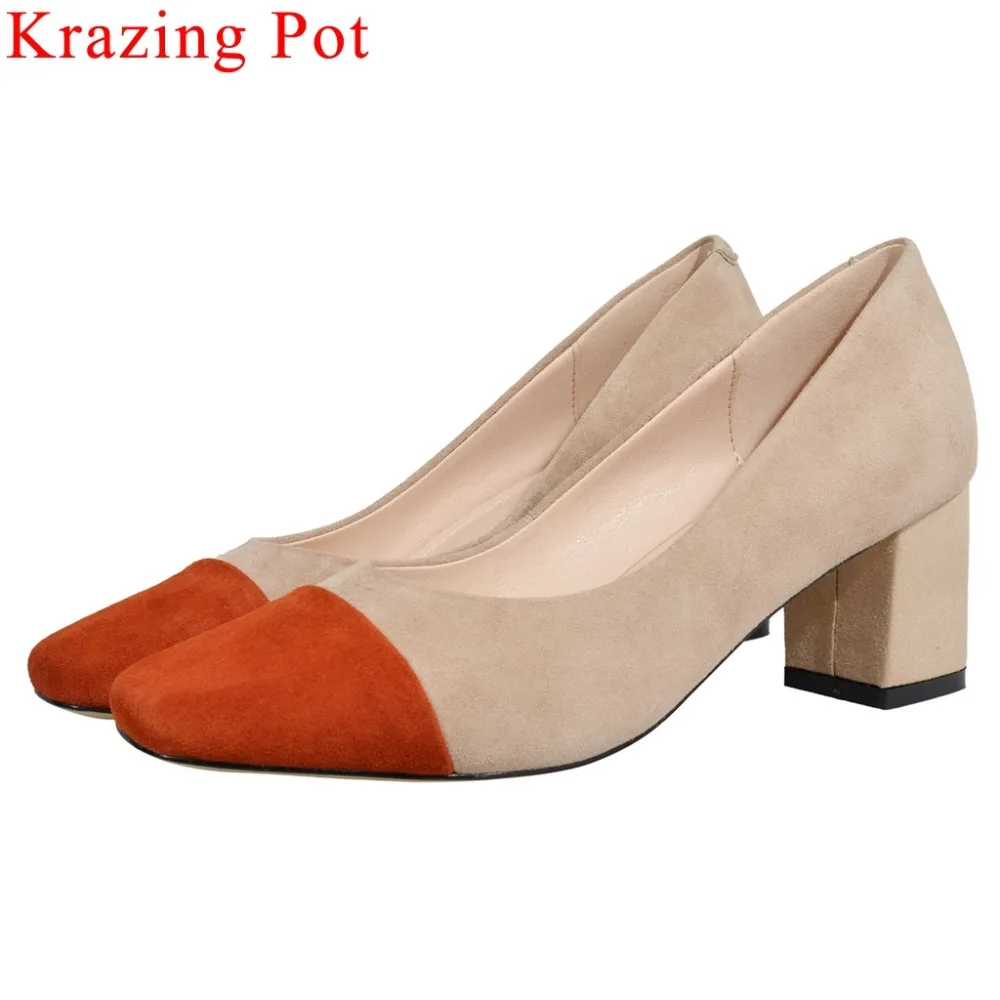 

Krazing Pot elegant lady chunky heels slip on genuine leather mixed colors European new fashion plus size square toe shoes L8f3