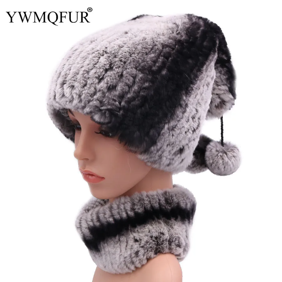 

Winter Rex Rabbit Fur Hat Scarf Set For Women Thick Keep Warm Beanies Female Caps With Vintage Fur Ball Lady Hats Scarves 2018