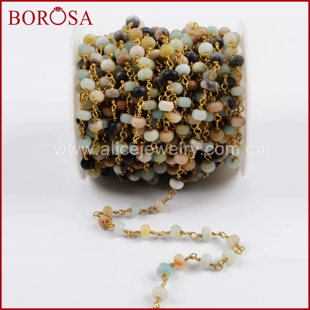 

BOROSA Gold Color 6x4mm Roundel Multi-Color Amazonite Beads Wire Wrapped Rosary Chain for Necklace Druzy Jewelry Finding JT182