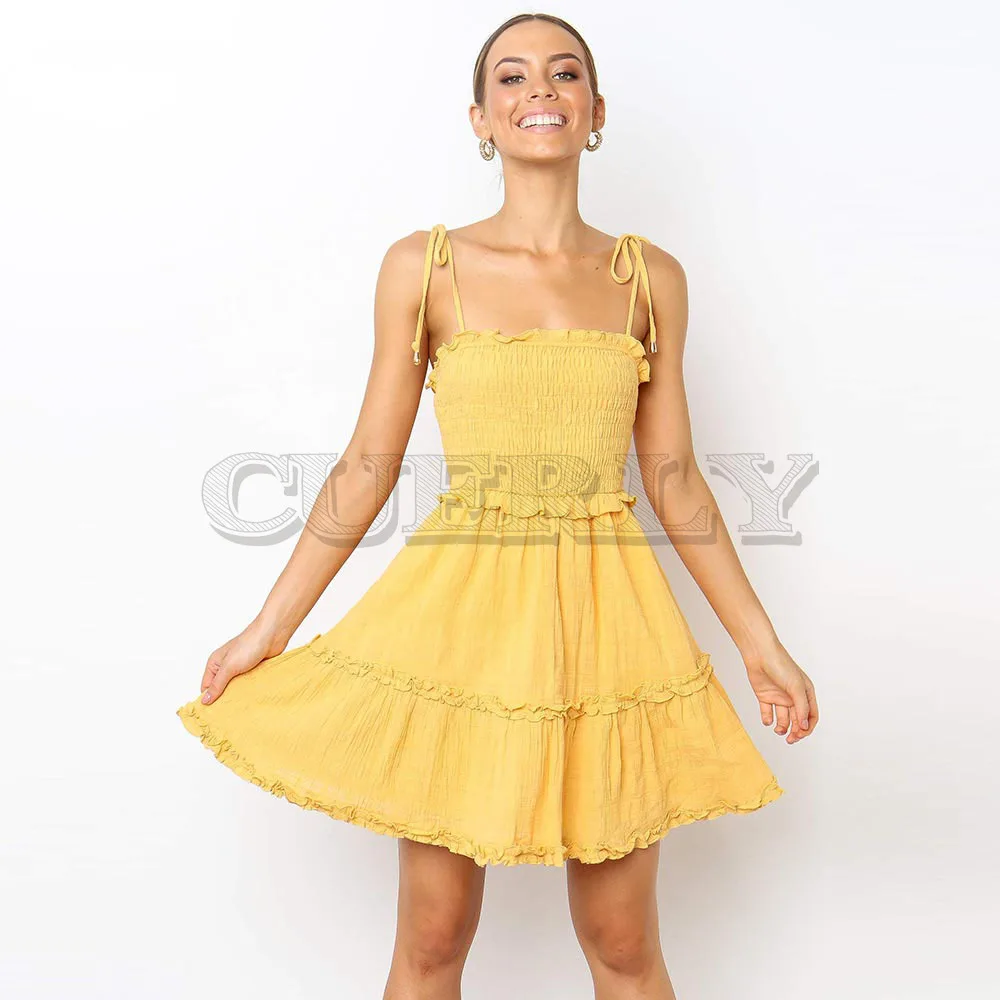 

Cuerly Summer Women Dress 2019 Vintage Sexy Bohemian Solid Spaghetti Strap Beach Dress Strapless Sundress Female Vestidos L8