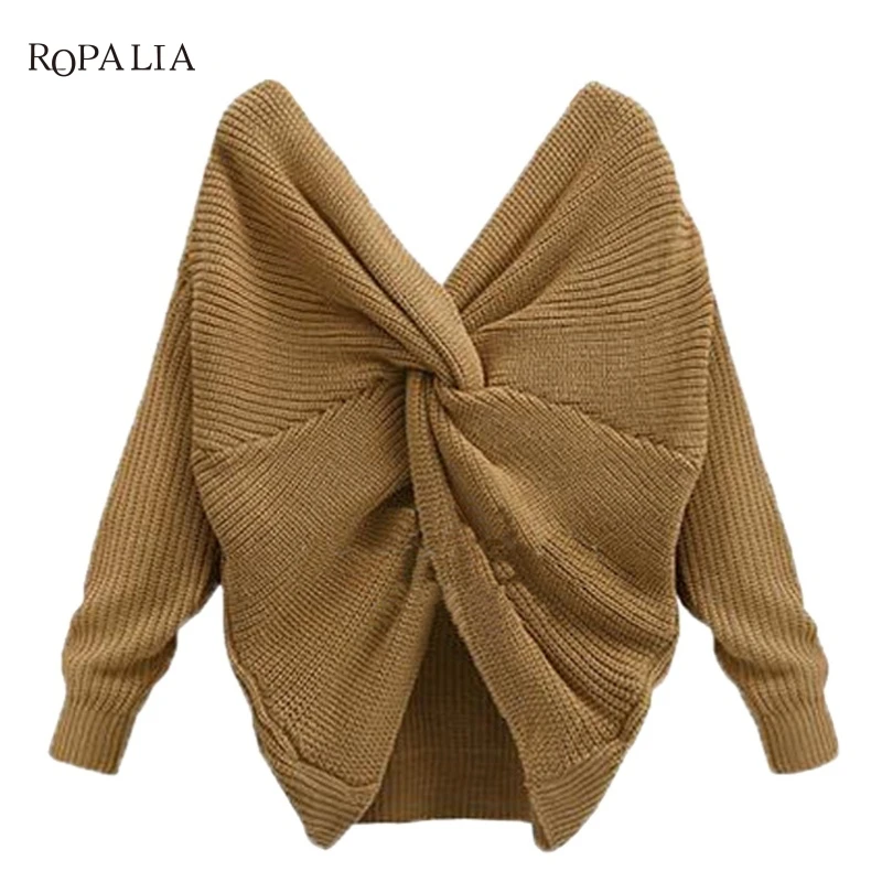 New Long Sleeve Knitted Sweaters V Neck Twisted Back Sweater Women Jumpers Pullovers 4 Colors Sweaters