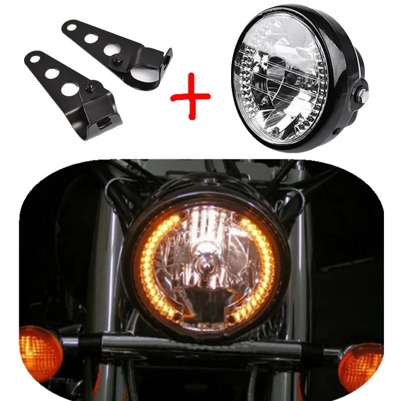 

6.5" Amber Motorcycle front Headlight HeadLamp hi/low beam Turn Signal Lights with Bracket For Harley Cafe Racer Suzuki Yamaha