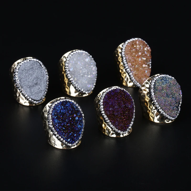 

big water tear drop multi colors rough druzy stone bead charm pave rhinestone wide wrap hammered gold open rings cuff for women