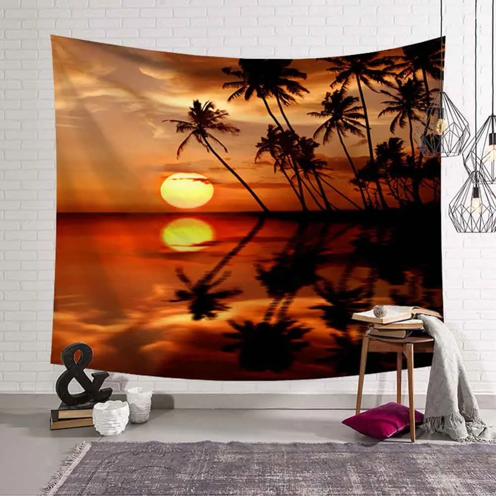  Tropical Palm Tree Leaves Tapestry Wall Hanging Seaside Sunset Landscape Tapestries Yoga Beach Towe