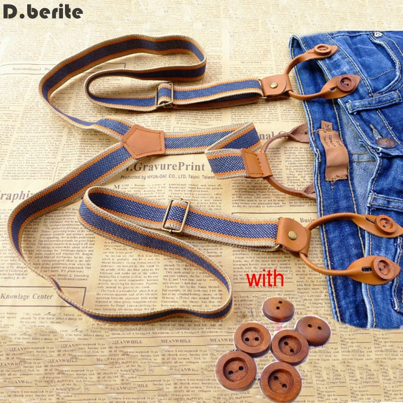 Mens Blue Striped Braces Unisex Adjustable Six Button Holes Suspenders