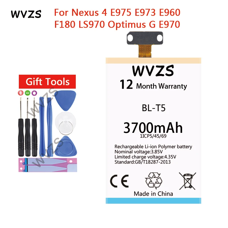 

wvzs 3700mAh Li-Polymer Battery BL-T5 For LG Nexus 4 E975 E973 E960 F180 LS970 Optimus G E970 Replacement Batteries