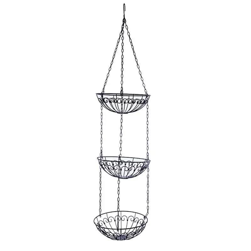 

European Style Storage Basket Racks 3-Tier Hanging Kitchen Vegetable Fruit Storage Basket Rack With Iron Chain