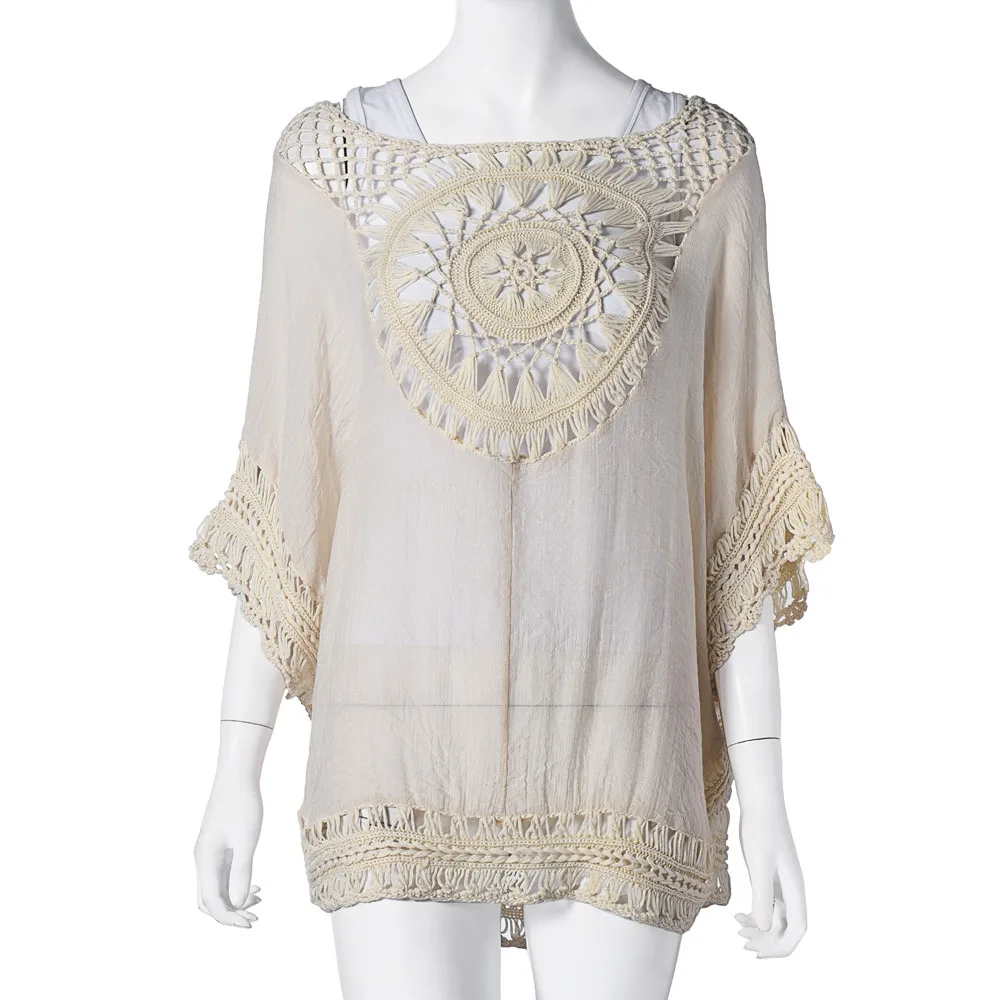 Womail Cover-Ups Lace Sexy Women Bohemia Lace Crochet Hollow Bikini Cover Up Swimwear V-Neck Beach Dress W3043