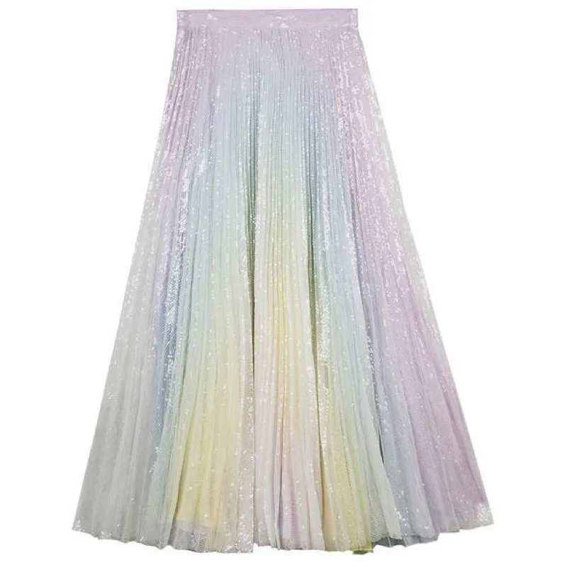 SE Women TUTU High Waist Skirt Mesh Midi Pleated Gauze Sequin Elegant Skirt Female Casual Fashion Gradient Rainbow Skirt - Цвет: Бежевый